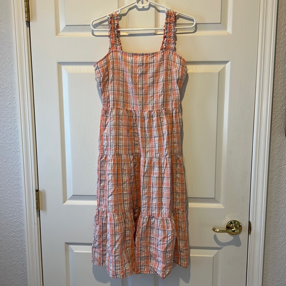 Madison Grey Salmon Pink/Orange‎ Plaid 100% Cotton Tiered Midi Dress, Sz Large